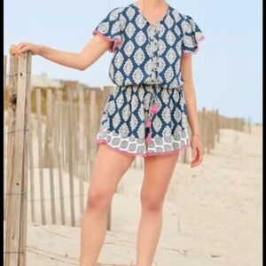 Matilda Jane Blue and White Patterned Women Short jumpsuit